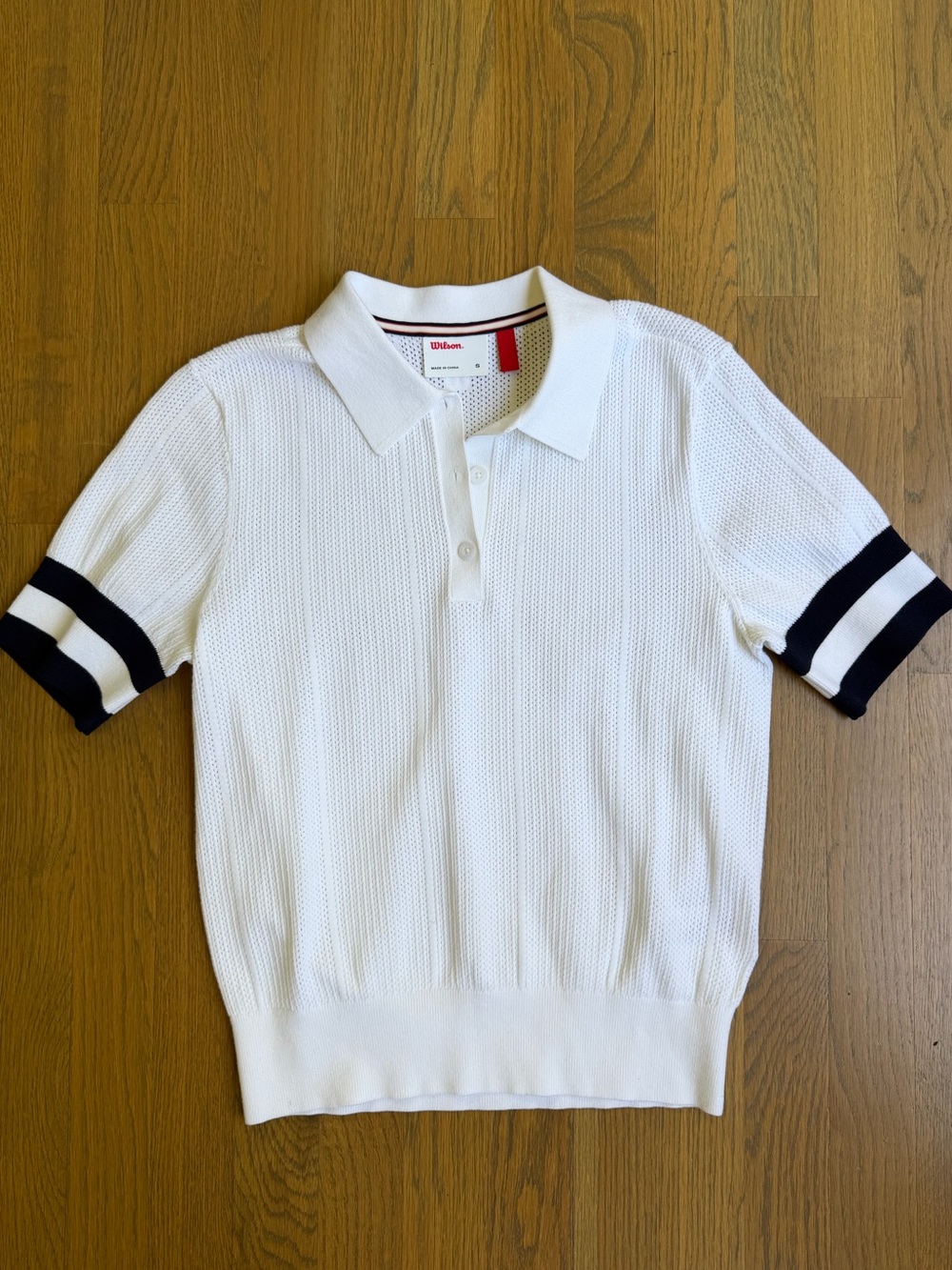 Wilson Essex Polo Sweater Knit Short Sleeve Top Bright White Navy Stripe Small - Picture 2 of 11